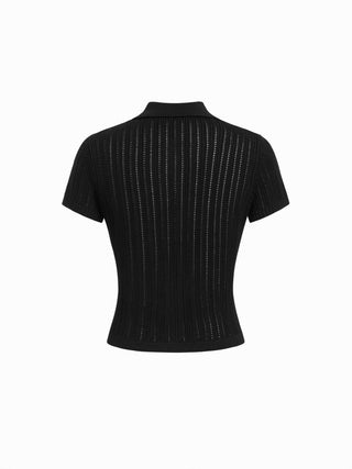 Hollow Out Short Sleeve Button Up Polo Knit Top