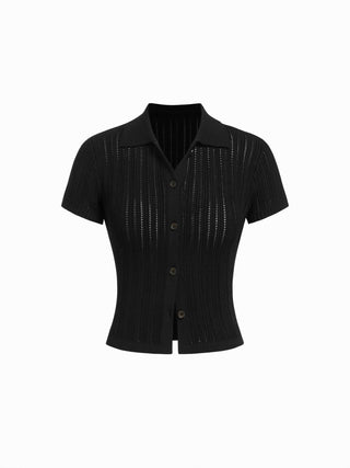 Hollow Out Short Sleeve Button Up Polo Knit Top
