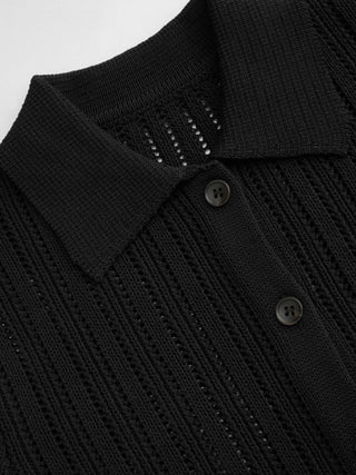Hollow Out Short Sleeve Button Up Polo Knit Top
