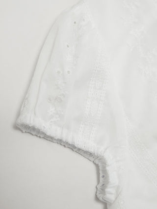 Eyelet V-neck Lace Trim Short Sleeve Blouse