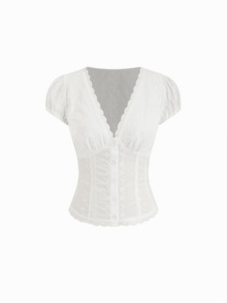 Eyelet V-neck Lace Trim Short Sleeve Blouse