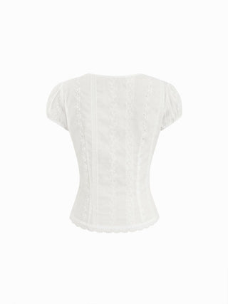 Eyelet V-neck Lace Trim Short Sleeve Blouse
