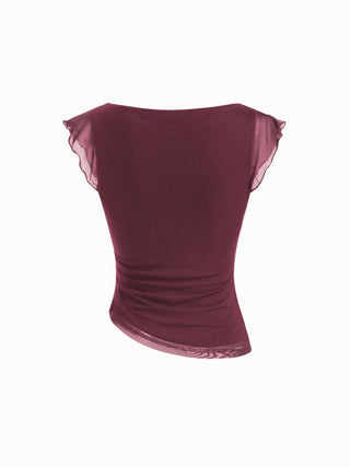 Mesh Boat Neck Lettuce Trim Ruched Top