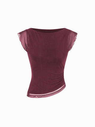 Mesh Boat Neck Lettuce Trim Ruched Top