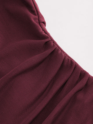 Mesh Boat Neck Lettuce Trim Ruched Top