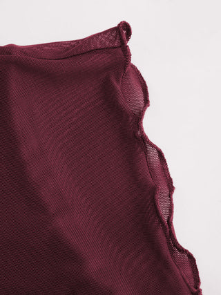 Mesh Boat Neck Lettuce Trim Ruched Top