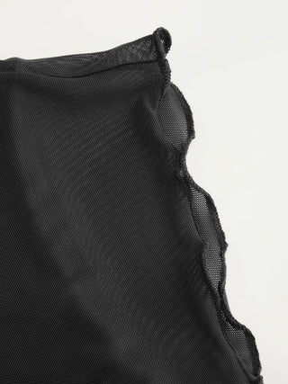 Mesh Boat Neck Lettuce Trim Ruched Top