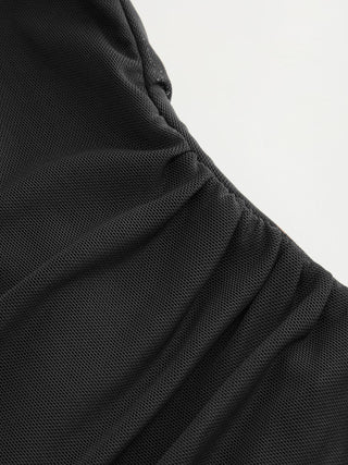 Mesh Boat Neck Lettuce Trim Ruched Top
