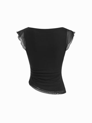 Mesh Boat Neck Lettuce Trim Ruched Top