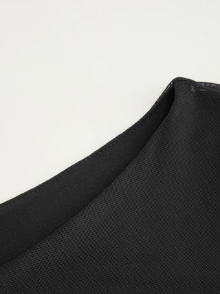 Mesh Boat Neck Lettuce Trim Ruched Top