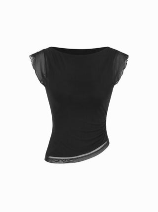 Mesh Boat Neck Lettuce Trim Ruched Top