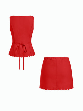 Linen-blend Sleeveless Curved Hem knotted Top & A-line Mini Skirt Set