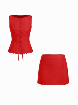 Linen-blend Sleeveless Curved Hem knotted Top & A-line Mini Skirt Set