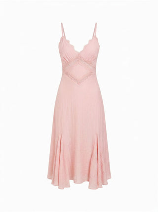 V-neck Lace Panel A-line Cami Midi Dress