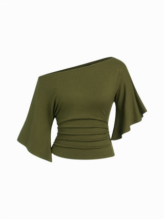 Boat Neck Mid-length Bell Sleeve Ruched Tee