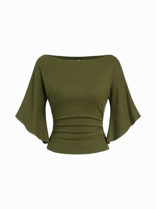 Boat Neck Mid-length Bell Sleeve Ruched Tee