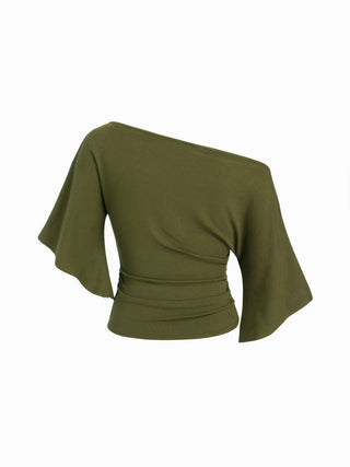 Boat Neck Mid-length Bell Sleeve Ruched Tee