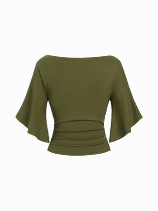 Boat Neck Mid-length Bell Sleeve Ruched Tee