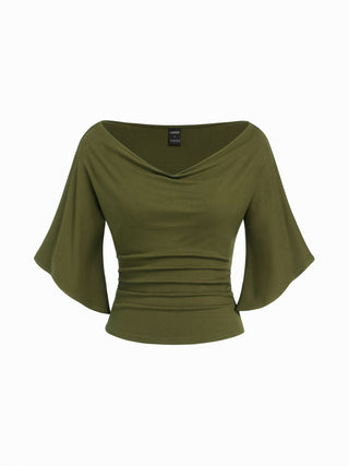 Boat Neck Mid-length Bell Sleeve Ruched Tee