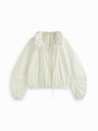 Funnel Neck Drawstring Zip Through Lantern Sleeve Oversized Windbreaker Jacket