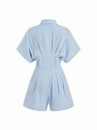 Cotton-blend Mid Rise Batwing Sleeve Ruched Romper