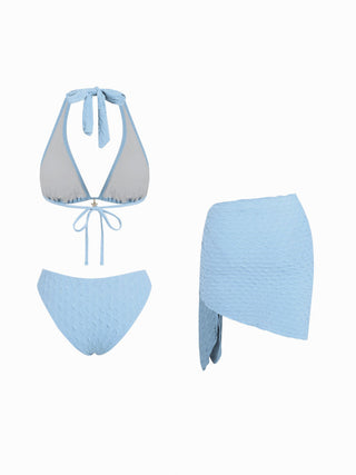 3 Piece Halter Neckline Lace Triangle Bikini Top & Cheeky Bottom With Sarong Bikini Set