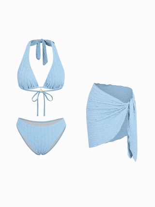 3 Piece Halter Neckline Lace Triangle Bikini Top & Cheeky Bottom With Sarong Bikini Set