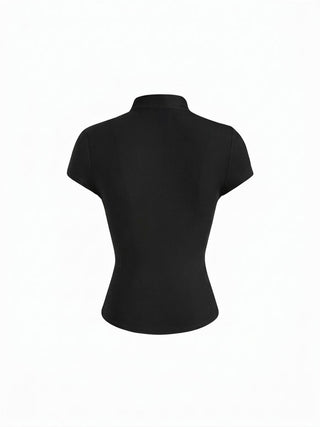 Mandarin Collar Short Sleeve Cut Out Top