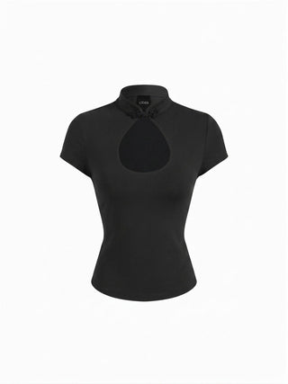 Mandarin Collar Short Sleeve Cut Out Top