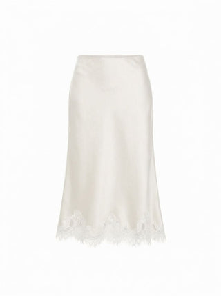Satin Mid Rise Polka Dot Lace Trim A-line Midi Skirt