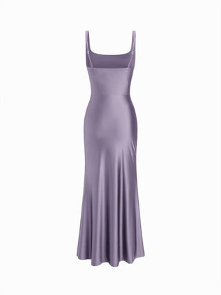 Satin Sculptural Square Neck Ruched Mermaid Maxi Dress
