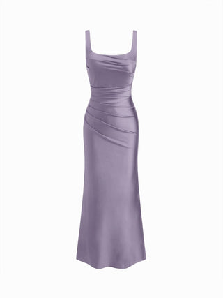 Satin Sculptural Square Neck Ruched Mermaid Maxi Dress