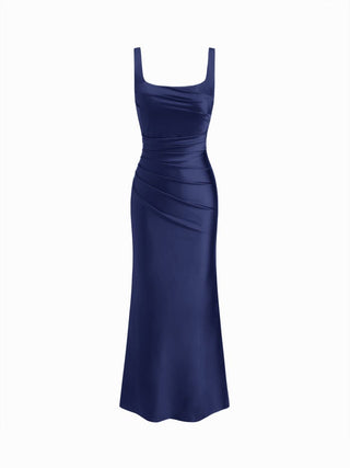 Satin Sculptural Square Neck Ruched Mermaid Maxi Dress