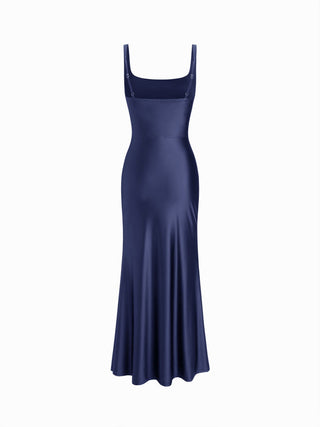 Satin Sculptural Square Neck Ruched Mermaid Maxi Dress
