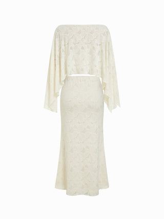 Lace Floral Asymmetrical Neck Top & Mid Rise Mermaid Maxi Skirt Set
