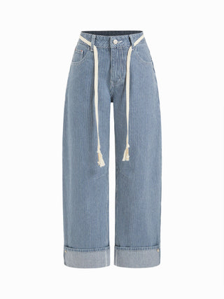 Denim Mid Rise Striped Barrel-leg Jeans with Belt