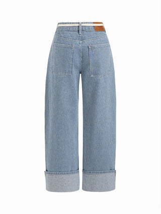 Denim Mid Rise Striped Barrel-leg Jeans with Belt