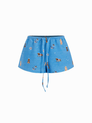 Cotton-Blend Mid Rise Dog Graphic Elastic Waist Shorts