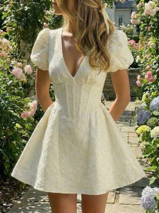 corset Jacquard Jacquard Sculptural V-neck Puff Sleeve Corset Flared Mini Dress For Party/Clubbing Wedding