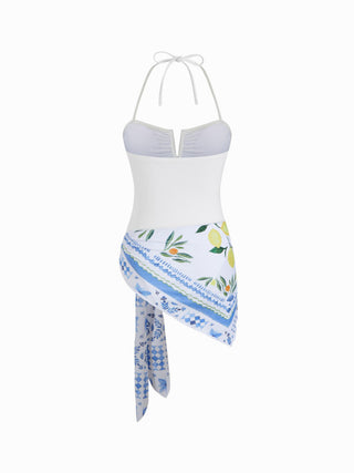 V-Wired Halter One Piece with Fruit Print Sarong