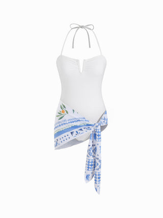 V-Wired Halter One Piece with Fruit Print Sarong