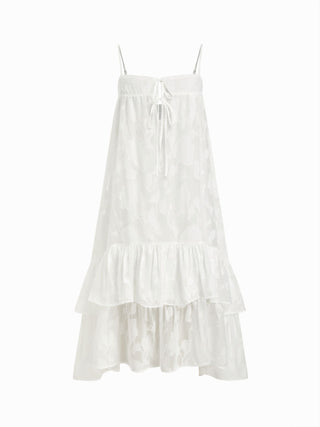 Chiffon Jacquard Floral Square Neck Bowknot Babydoll Maxi Dress