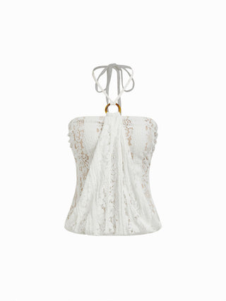 Textured Lace Halter Neckline O-Ring Draped Longline Top