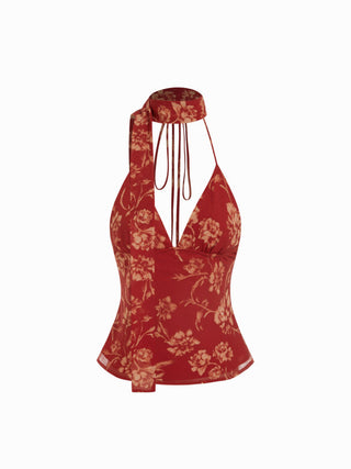 Chiffon Floral V-Neck Backless Crop Cami Blouse With Scarf