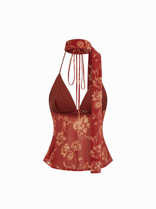 Chiffon Floral V-Neck Backless Crop Cami Blouse With Scarf