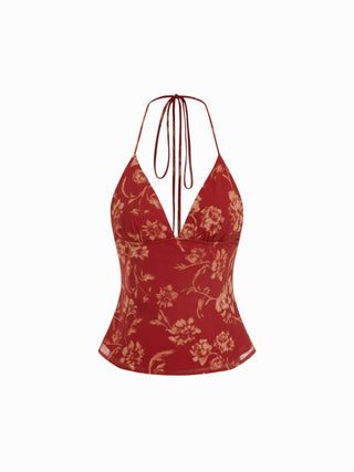 Chiffon Floral V-Neck Backless Crop Cami Blouse With Scarf