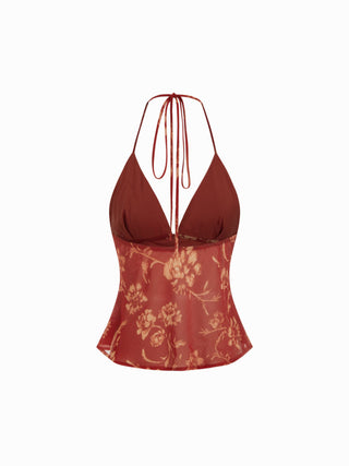 Chiffon Floral V-Neck Backless Crop Cami Blouse With Scarf