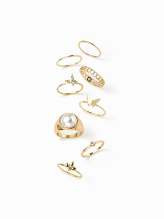 8PCS BUTTERFLY & RHINESTONE RING SET