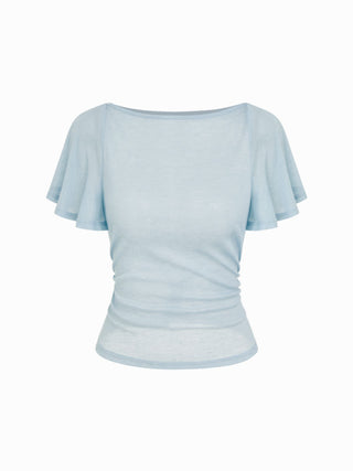 Boat Neck Cloak Sleeve Ruched Sheer Tee