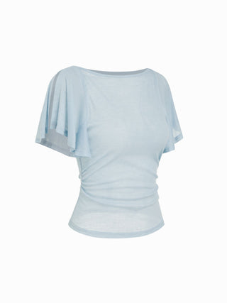 Boat Neck Cloak Sleeve Ruched Sheer Tee